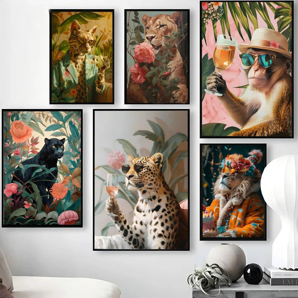 1PC Modern Maximalist Boho Wall Art Animals Leopard Lion Giraffe Monkey Poster Self-adhesive Art Waterproof Paper Sticker Coffee