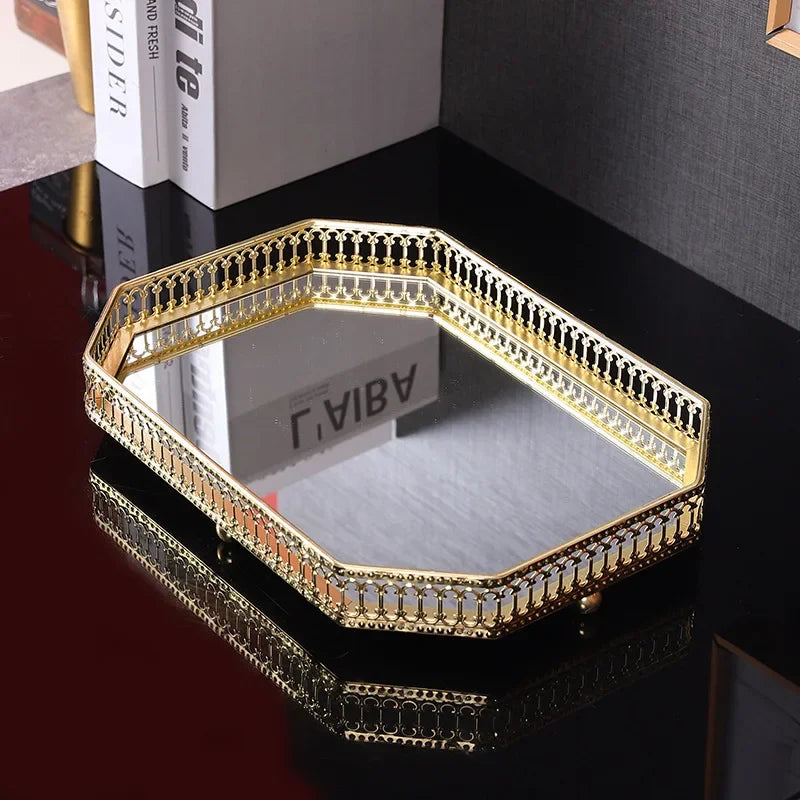 Luxury Mirror Metal Tray Cafe Restaurant Home Entrance Storage Tray Sample Pose Decoration Props Trays Decorative