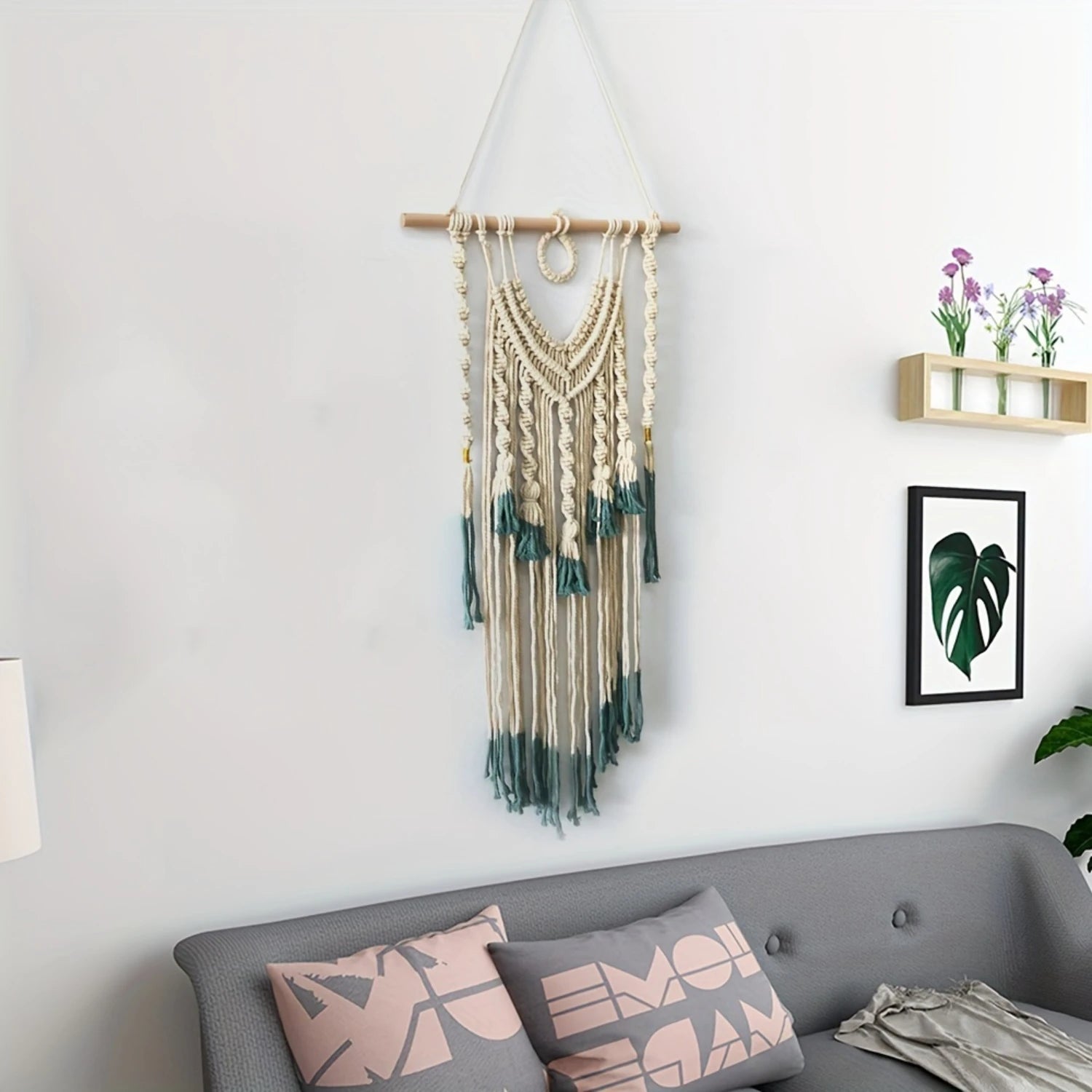 1pc Bohemian Tapestry Green And Beige Woven With Tassel, Macrame Wall Hanging For Bedroom Living Room  Decor