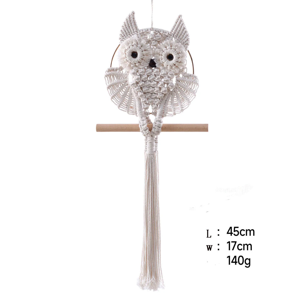 Boho Owl Macramé Wall Hanging Handwoven Lace Tapestry Natural Fiber Bohemian Room Decor Artisan Crafted Accent Piece
