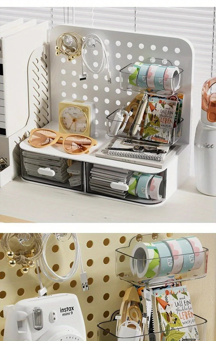Kawaii Hook Drawer Type Hole Board Small Card Stand Display Desktop Idol Storage Box Desk Stationery Organization Storage Rack