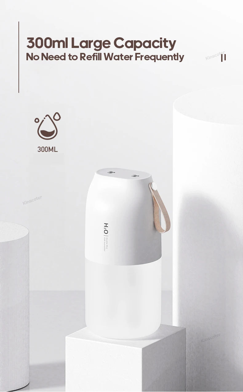 Dual Jet Air Humidifier 300ml, Ultrasonic Cool Mist Diffuser Replenish Humidity, Portable 2000mAh Air Freshener Purifier