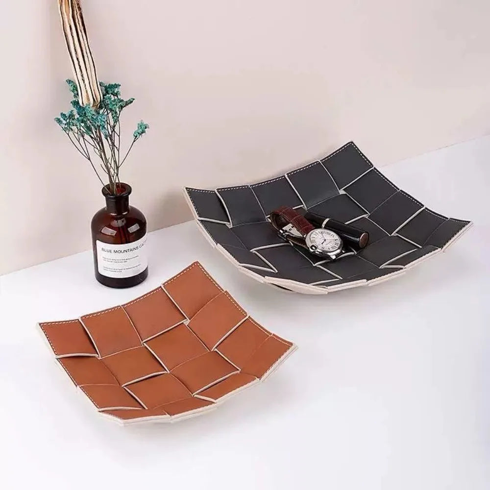 1 Piece Leather Storage Tray Home Appliances Tray Leather Living Room Desktop Woven Storage Tray Trays Decorative  Jewelry Dish