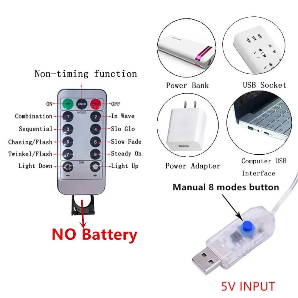 LED Curtain Lights USB Powered with Remote Control Holiday Christmas Decorations for Home Wedding Birthday Bedroom Party Lights