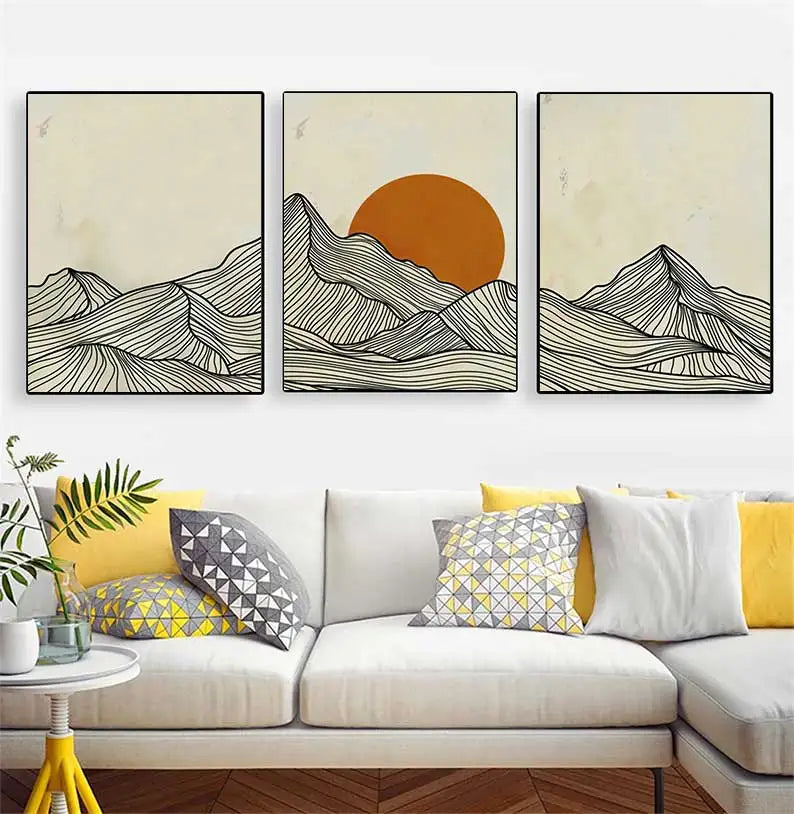 Minimalist Sun Mountain Line Abstract Wall Art, Nordic Posters Prints, Minimalist Image, Canvas Painting, Room Decoration, Set 3