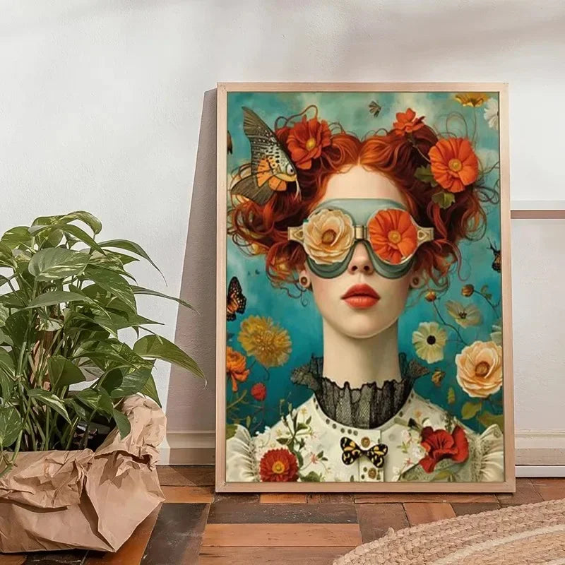 3pcs Nordic Boho Fashion Glasses Woman with Flowers Wall Art Canvas Painting Butterfly Girl Portrait Poster Prints Mural Picture