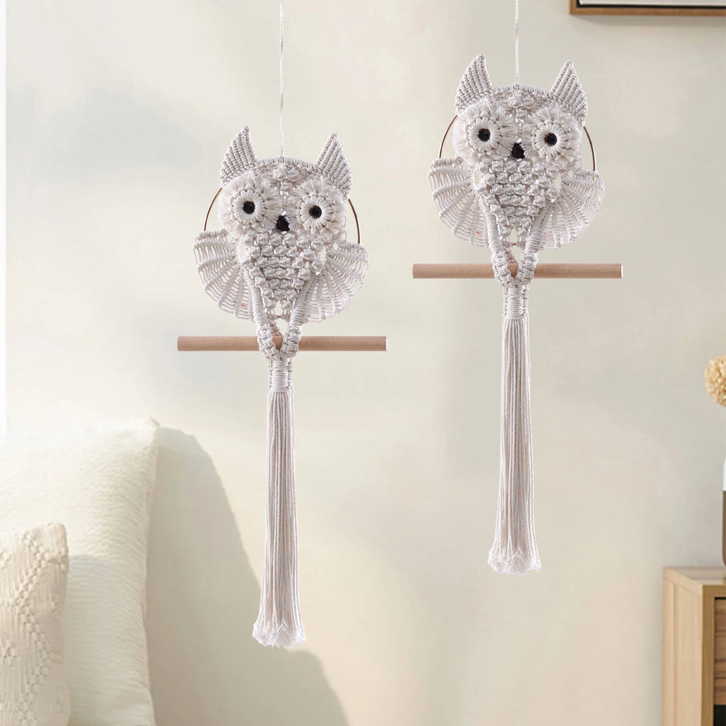 Boho Owl Macramé Wall Hanging Handwoven Lace Tapestry Natural Fiber Bohemian Room Decor Artisan Crafted Accent Piece