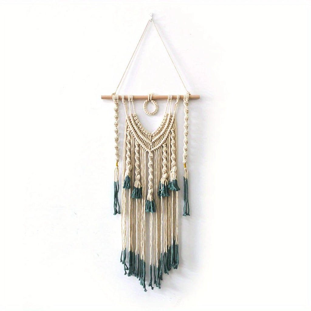 1pc Bohemian Tapestry Green And Beige Woven With Tassel, Macrame Wall Hanging For Bedroom Living Room  Decor