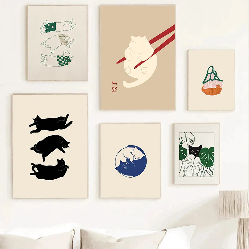 Funny Cat Dumpling Lazy Cat Illustration Abstract Line Poster Canvas Painting Nodic Wall Art Pictures Bathroom Home Decoration
