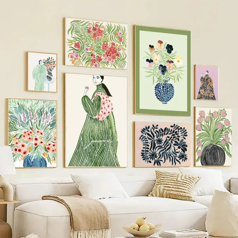 Tulip Violets Vase Woman Coat Flower Posters Light Green Abstract Aesthetics Canvas Painting Print Pictures Living Room Decor