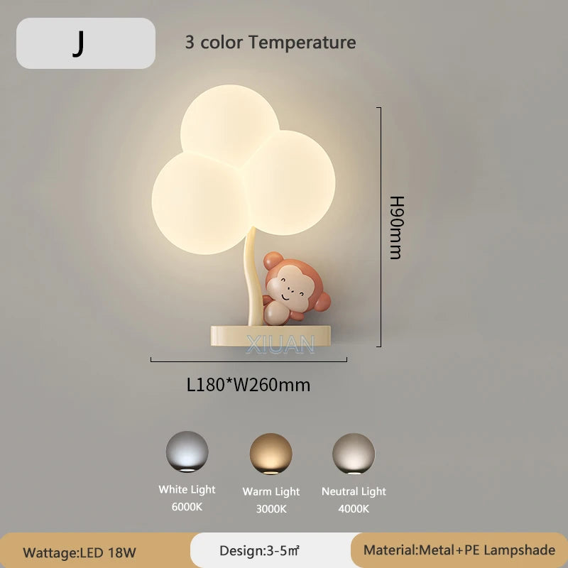 Monkey Light Cartoon Animal Wall Lamp White Cloud Sconce Nursery Room Night Light Children's Bedroom Bedside Lamp Eye Protection