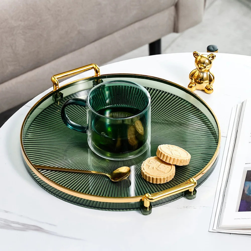 Luxury Storage Tray With Golden Handle Household Tea Dessert Fruit Storage Tray Plate Dinner Plate for Living Room Kitchen