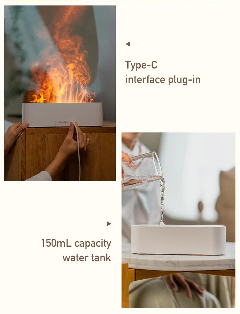 Flame Aroma Diffuser Essential Oil Air Humidifier Ultrasonic Cool Mist Difusor with RGB Realistic Fire Night Light