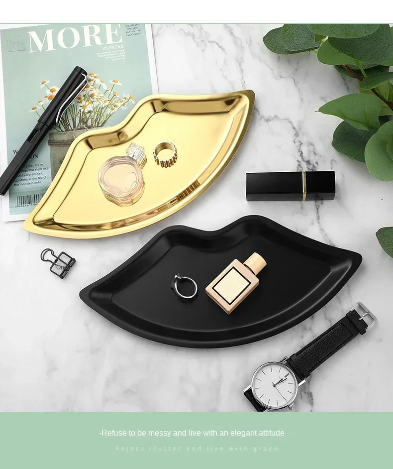 Korean Style Ins Style Stainless Steel Lip Shaped Jewelry Tray Home Cosmetics Metal Tray Female Jewelry Storage Tray Decorative