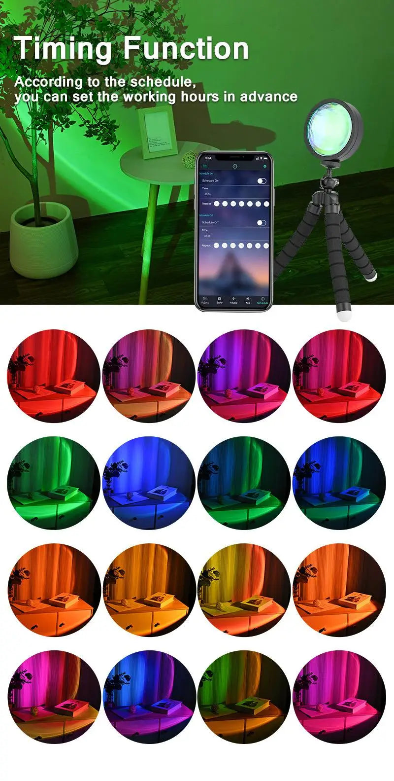 APP Remote Control 360 Degree Rotation Sunlight Lamp Projector with 16 color 4 Modes Rainbow Sunset Light