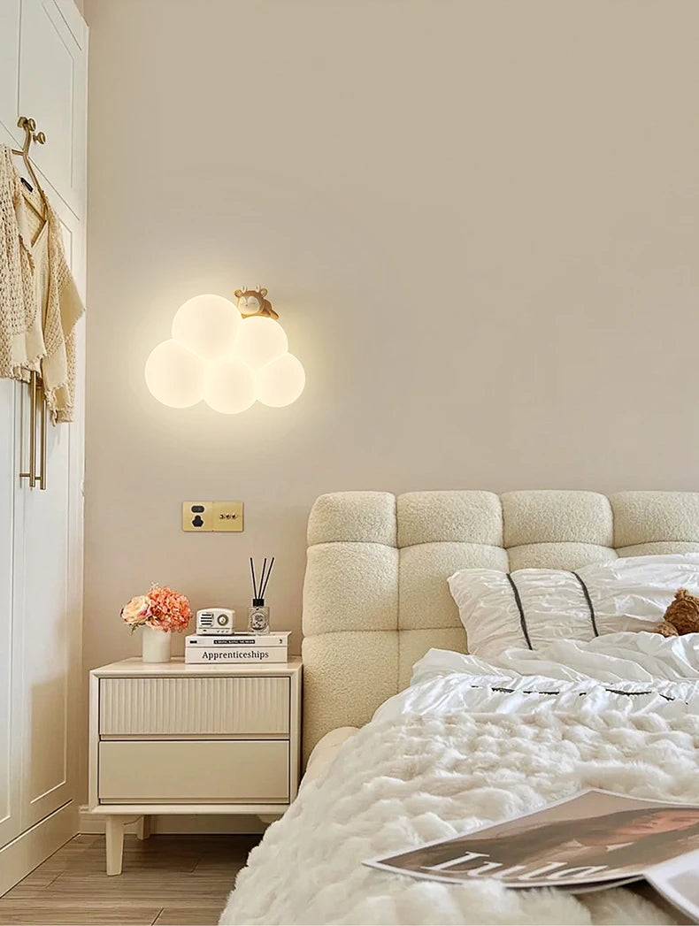 Monkey Light Cartoon Animal Wall Lamp White Cloud Sconce Nursery Room Night Light Children's Bedroom Bedside Lamp Eye Protection