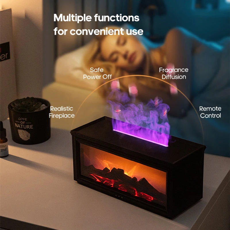 New Colorful Flame Mini Fireplace Aroma Diffuser 280ml Waterless Auto-Off Air Humidifier with Timer Remote Control for Home Gift