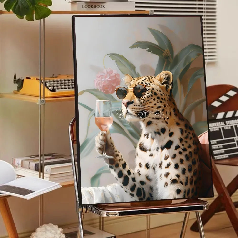 1PC Modern Maximalist Boho Wall Art Animals Leopard Lion Giraffe Monkey Poster Self-adhesive Art Waterproof Paper Sticker Coffee
