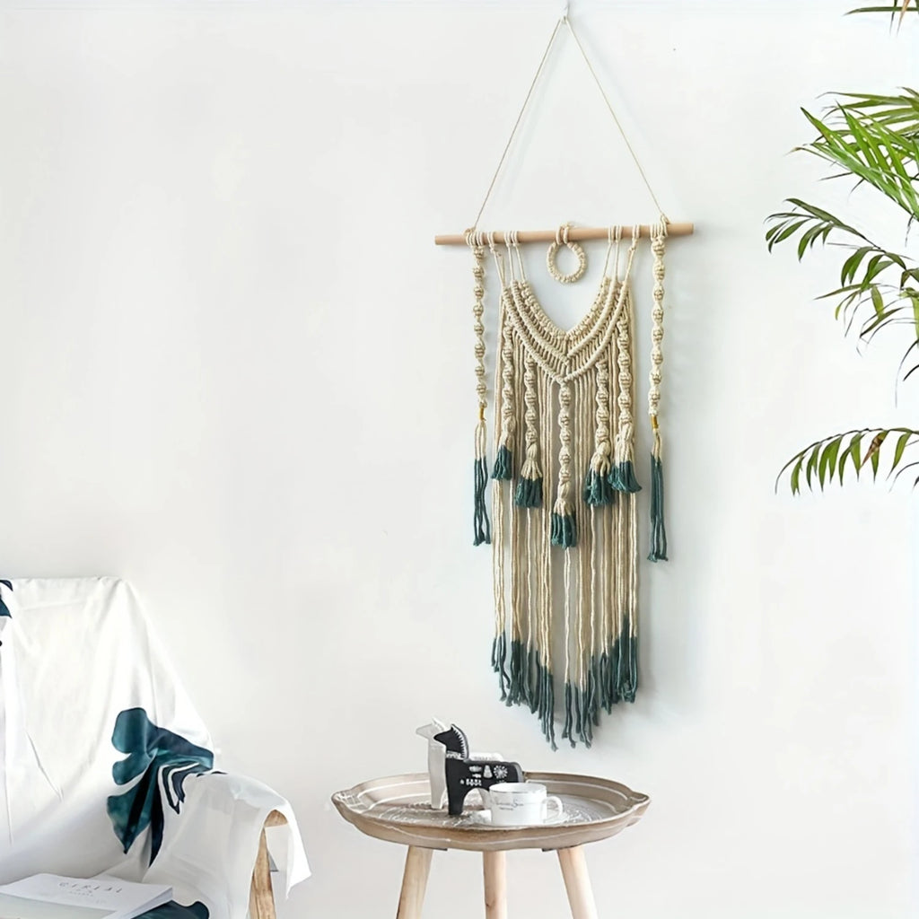 1pc Bohemian Tapestry Green And Beige Woven With Tassel, Macrame Wall Hanging For Bedroom Living Room  Decor