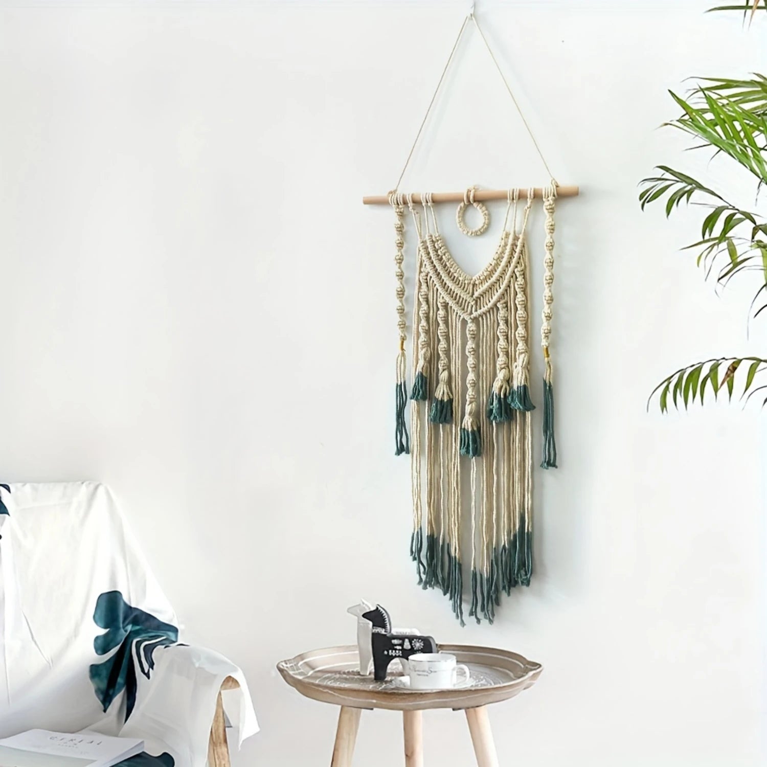 1pc Bohemian Tapestry Green And Beige Woven With Tassel, Macrame Wall Hanging For Bedroom Living Room  Decor