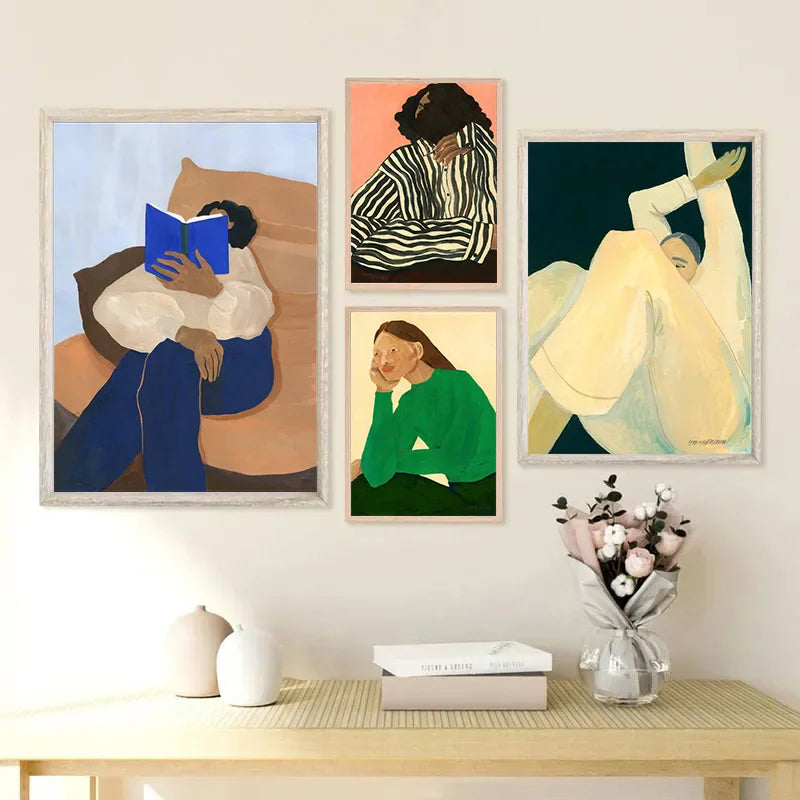 Abstract Nordic Figure Lines Girl Reading Book Posters Prints Wall Art Canvas Painting Blue Strip Wall Picture Home Room Decor