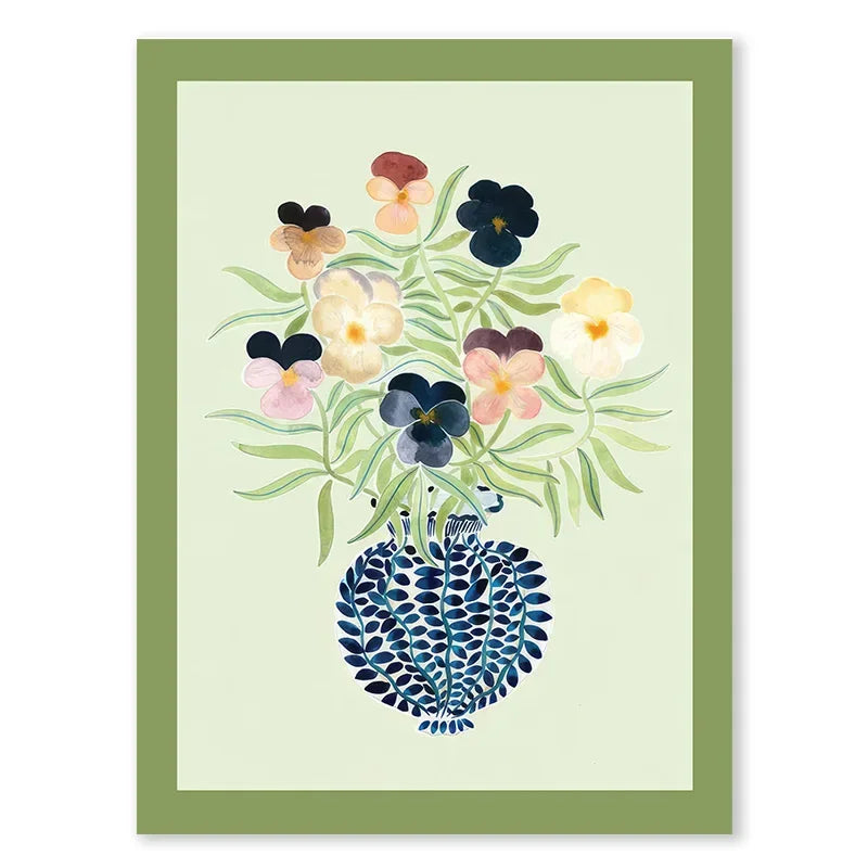 Tulip Violets Vase Woman Coat Flower Posters Light Green Abstract Aesthetics Canvas Painting Print Pictures Living Room Decor