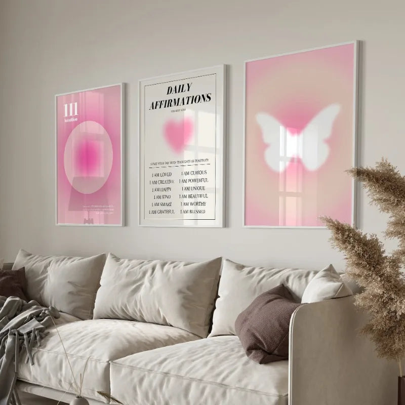 Pink Aura Affirmation Love Circle Butterfly Poster Print Canvas Art Pictures Home for Bedroom Wall Decor Frameless Painting