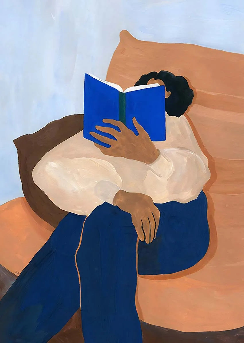 Abstract Nordic Figure Lines Girl Reading Book Posters Prints Wall Art Canvas Painting Blue Strip Wall Picture Home Room Decor
