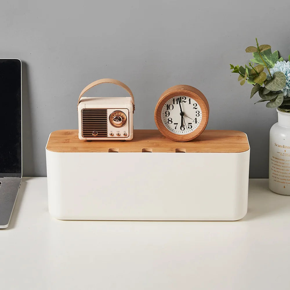 Cable Management Box Bamboo Cover Wire Junction Board Storage Box Hide Wires Power Strips Desk shelf Cable Makeup Organizer Boxs