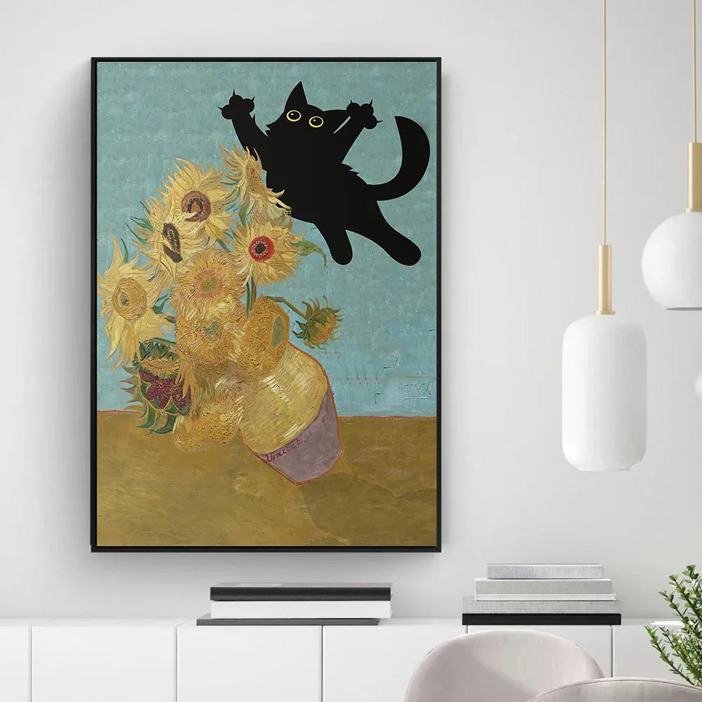 Funny Black Cat Wall Art Van Gogh Poster Abstract Famous Reproduction Canvas Painting Aesthetic Room Home Decor