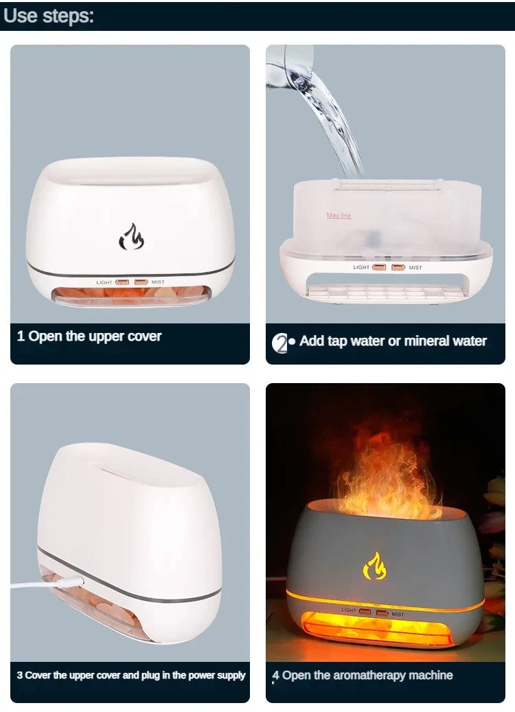New Himalayan Crystal Salt Stone Aroma Air Humidifiers 3D Flame Fire Colorful Night Light Aromatherapy Essential Oil Diffuser