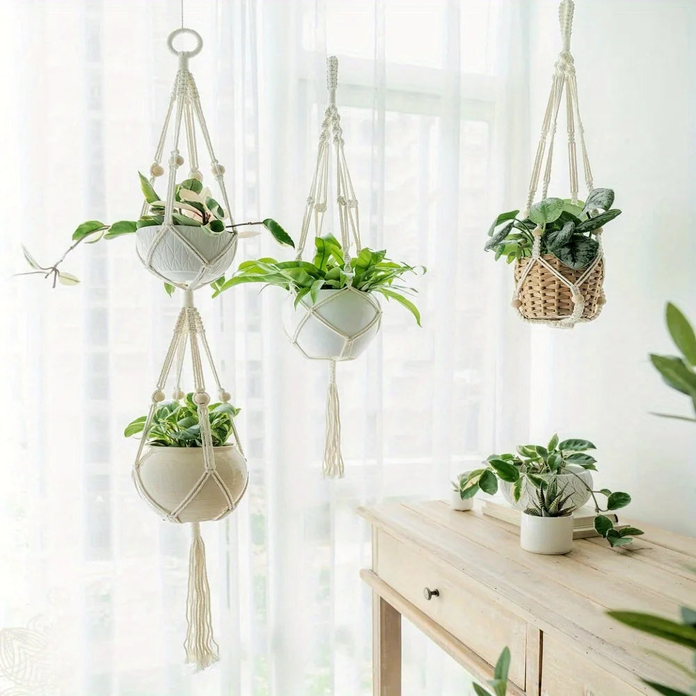 1pc, Macrame Double Plant Pendant Indoor Outdoor, 2 Tier/3Tier Hanging Planter Basket Cotton Rope With Beads 49 Inches/70 Inches