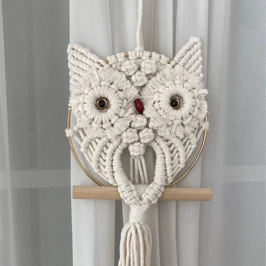 Boho Owl Macramé Wall Hanging Handwoven Lace Tapestry Natural Fiber Bohemian Room Decor Artisan Crafted Accent Piece