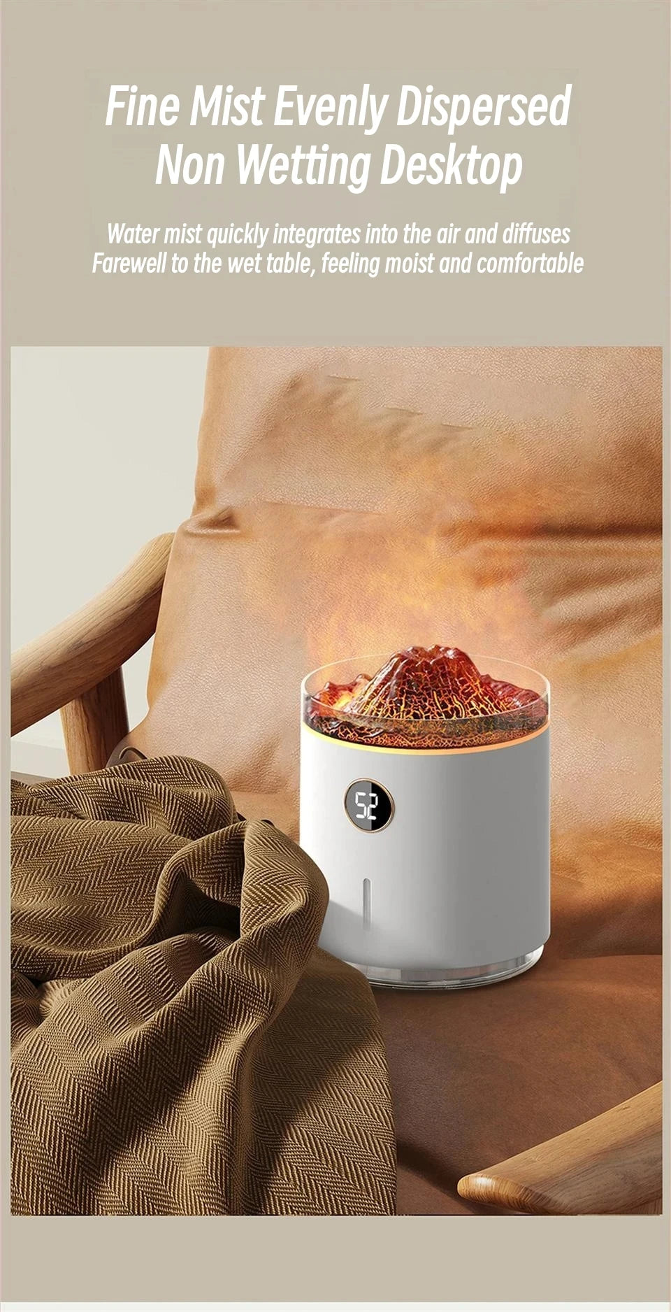 350ml USB Charging Air Humidifier Ultrasonic Aroma Essential Oil Diffuser with Volcano Flame Lamp Mini Portable Mist Humidifier
