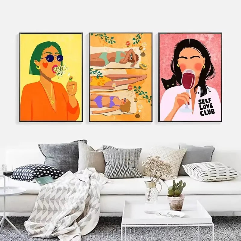 Colorful Sexy Girl Boho Drink Wine Fruit Abstract Wall Art Canvas Painting Posters and Print Wall Pictures for Living Room Decor