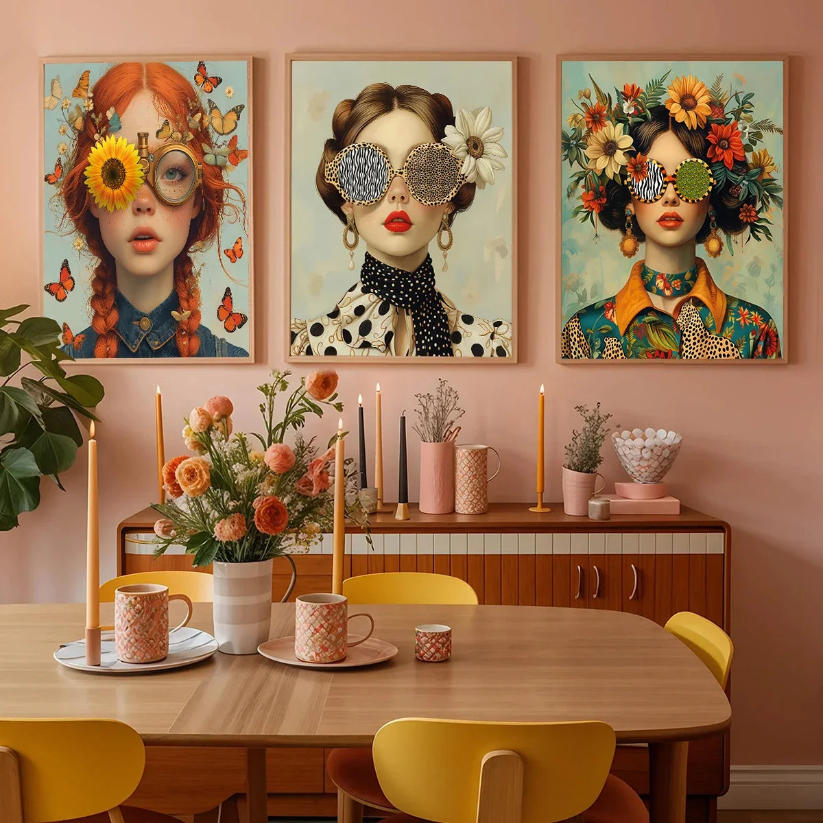 3pcs Nordic Boho Fashion Glasses Woman with Flowers Wall Art Canvas Painting Butterfly Girl Portrait Poster Prints Mural Picture