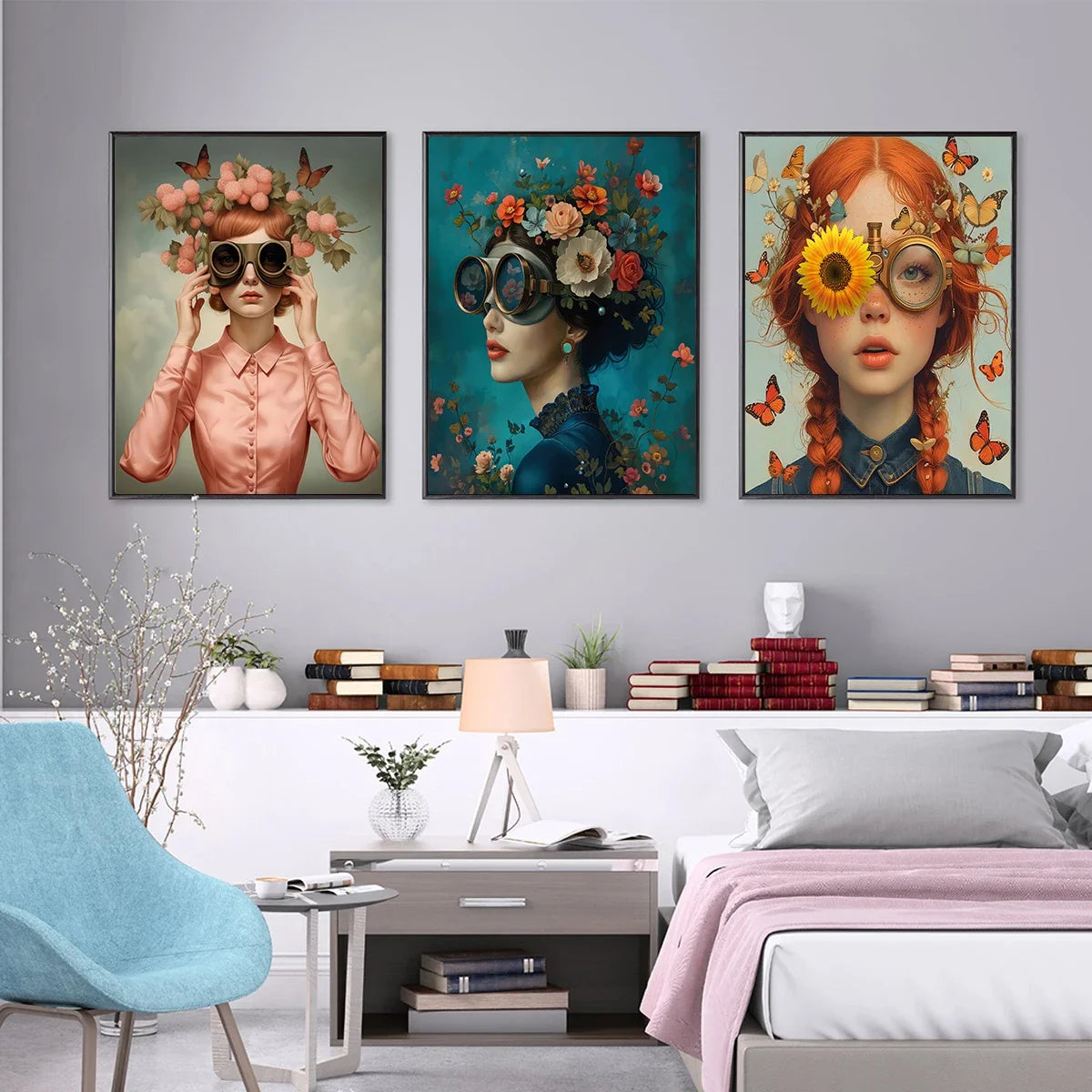 3pcs Nordic Boho Fashion Glasses Woman with Flowers Wall Art Canvas Painting Butterfly Girl Portrait Poster Prints Mural Picture