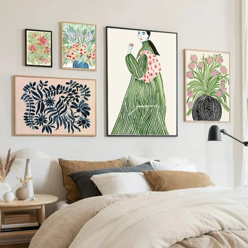 Tulip Violets Vase Woman Coat Flower Posters Light Green Abstract Aesthetics Canvas Painting Print Pictures Living Room Decor