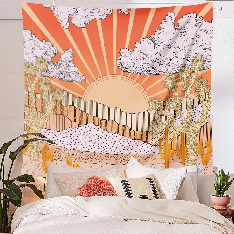 Vintage Sun and Moon Tapestry Retro 70s Rainbow Sunrise Sunset Abstract Boho Wall Hanging Hippie Meditation Bohemian Decor Tapiz
