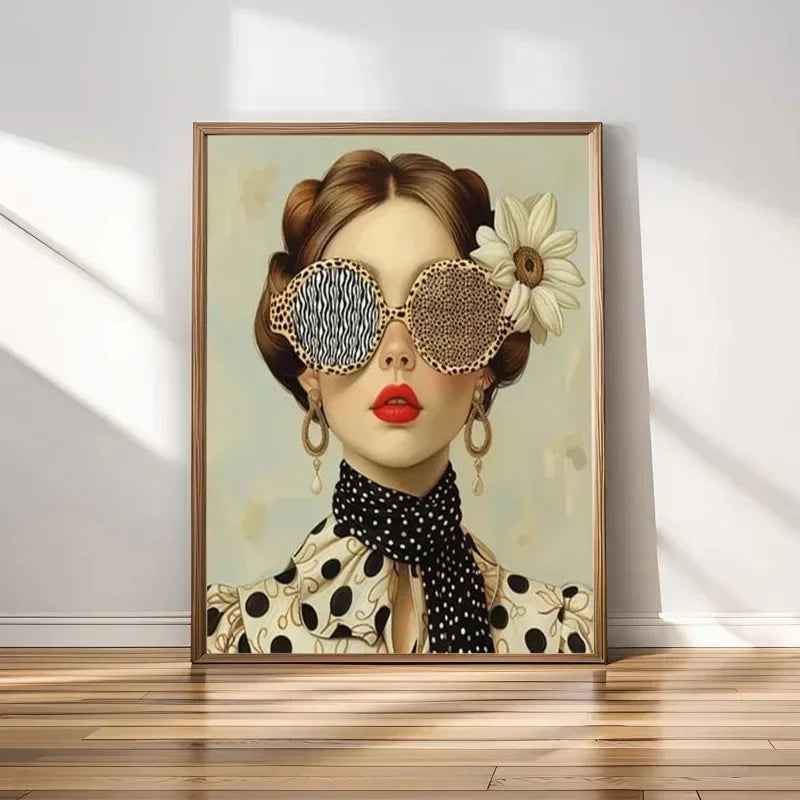 3pcs Nordic Boho Fashion Glasses Woman with Flowers Wall Art Canvas Painting Butterfly Girl Portrait Poster Prints Mural Picture