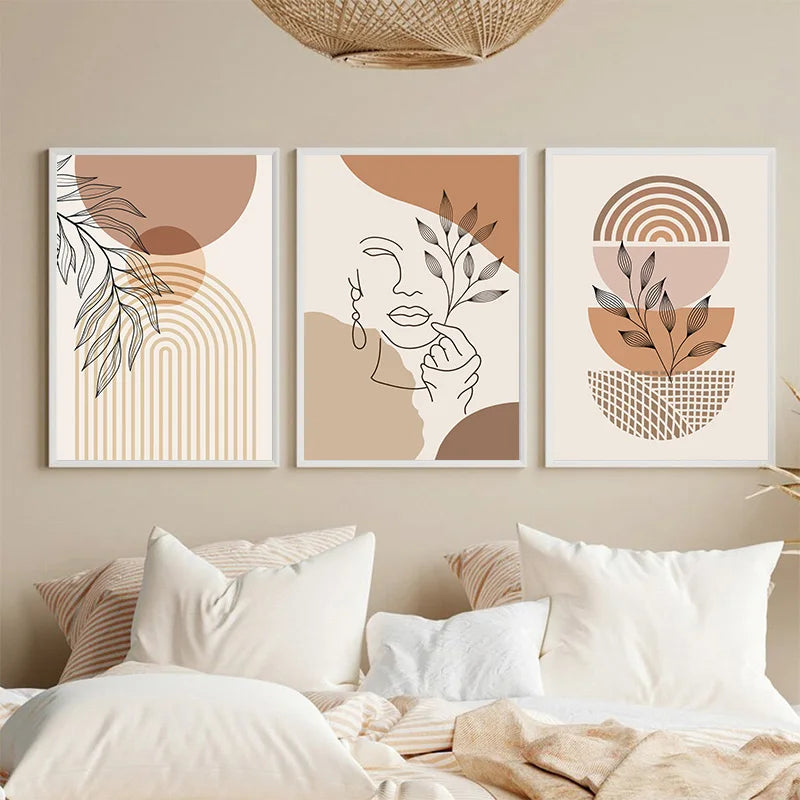 Boho Light Colour Block Canvas Painting Nordic Minimalist Lines Wall Art People Leaves Wall Art Home Living Room Decoration