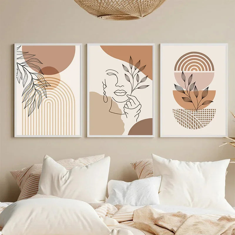 Boho Light Colour Block Canvas Painting Nordic Minimalist Lines Wall Art People Leaves Wall Art Home Living Room Decoration