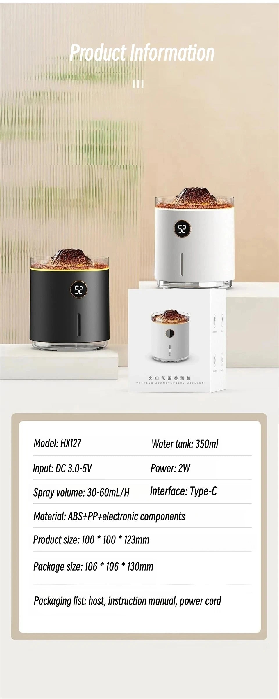 350ml USB Charging Air Humidifier Ultrasonic Aroma Essential Oil Diffuser with Volcano Flame Lamp Mini Portable Mist Humidifier