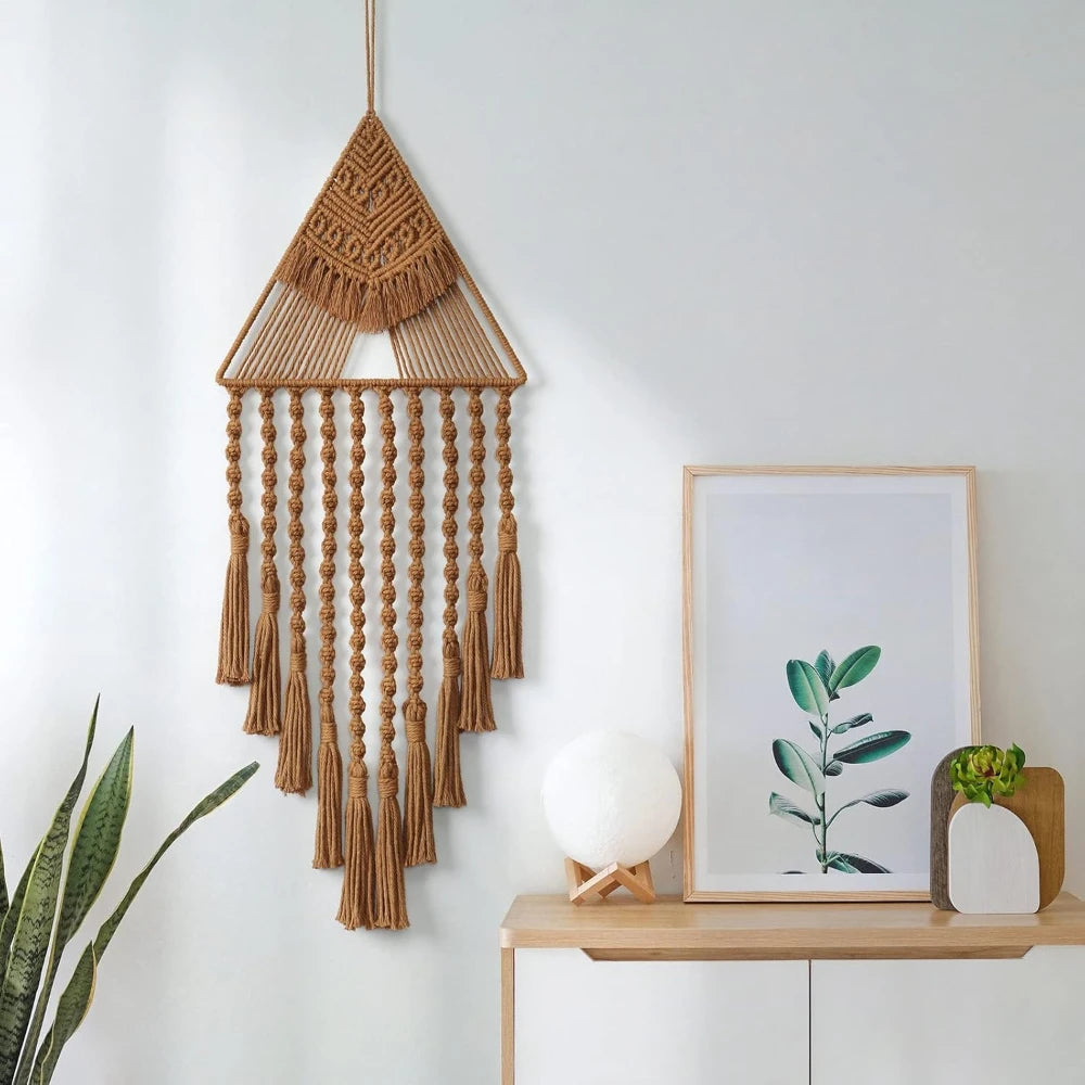 Macrame Dream Catcher Wall Hanging Decor Brown Triangle Woven Tassel Tapestry Art Boho Apartment Bedroom Door Home Decoration