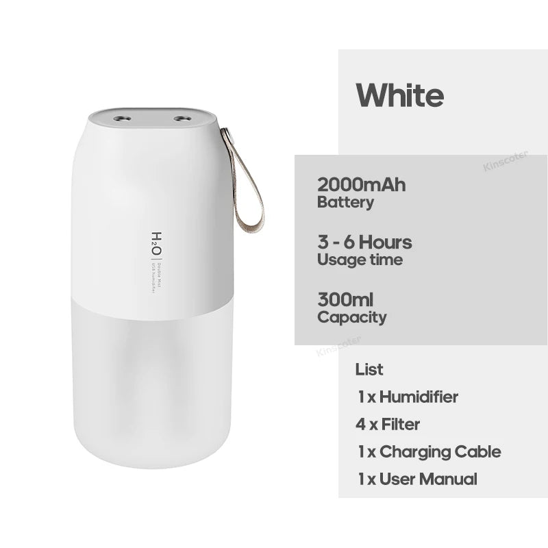 Cordless Rechargeable Air Humidifier 2000mAh Wireless Cool Mist Diffuser Car Home Ultrasonic Humidifier with Warm Nightlight