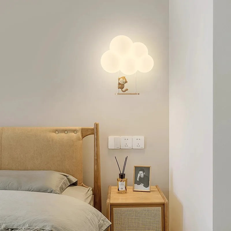 Monkey Light Cartoon Animal Wall Lamp White Cloud Sconce Nursery Room Night Light Children's Bedroom Bedside Lamp Eye Protection