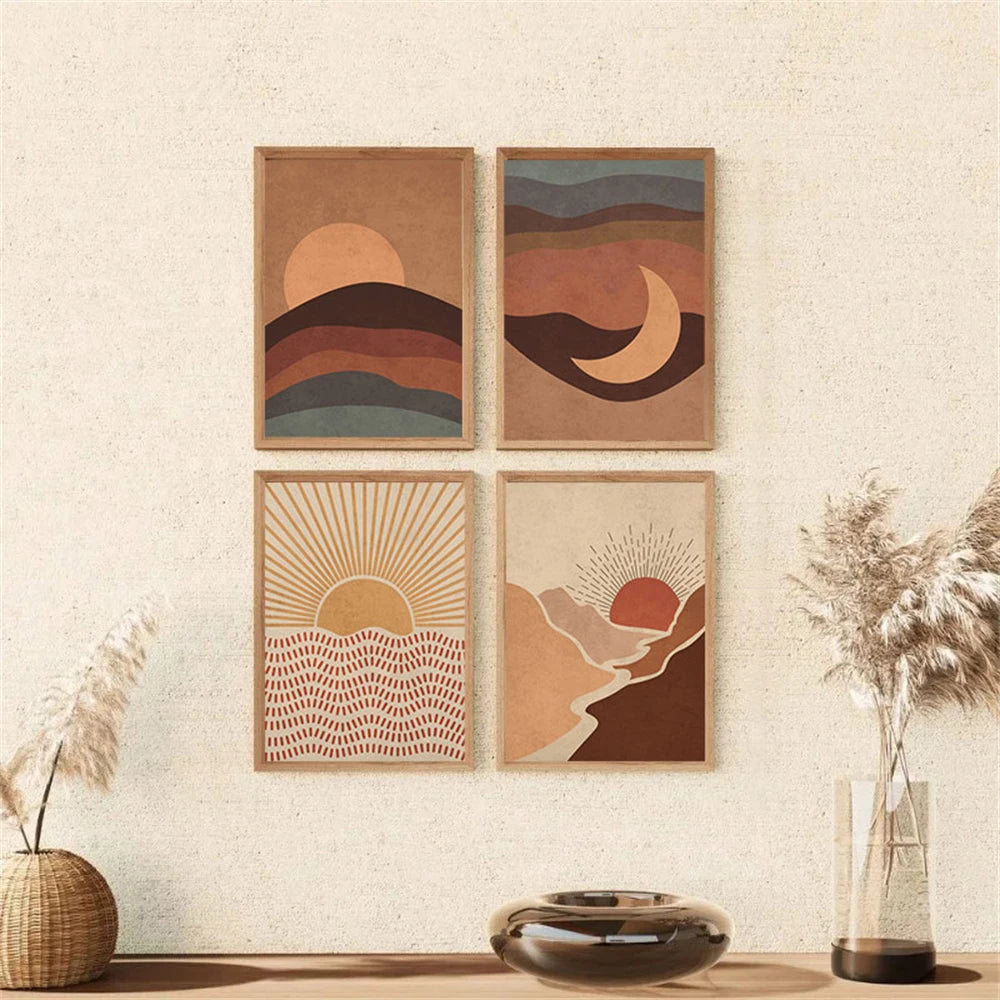 Mid Century Modern Orange Terracotta Boho Posters Wall Art Print Pictures Sun Canvas Painting Vintage Wall Poster Bedroom Decor