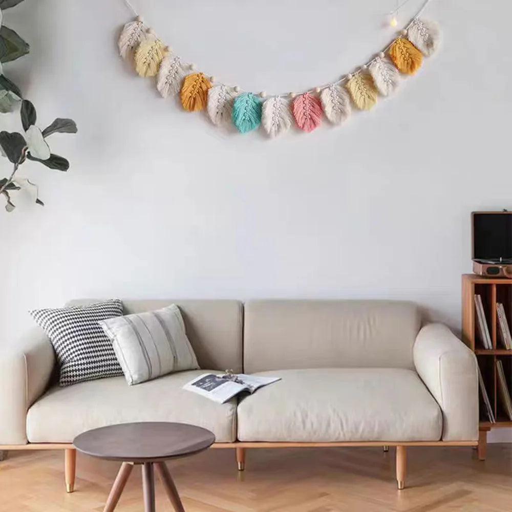 Modern Boho Tapestry Wall Decor Macrame Banner Garland Macrame Wall Hanging Leaves Tapestry Hand Woven Tapestry Boho Decor