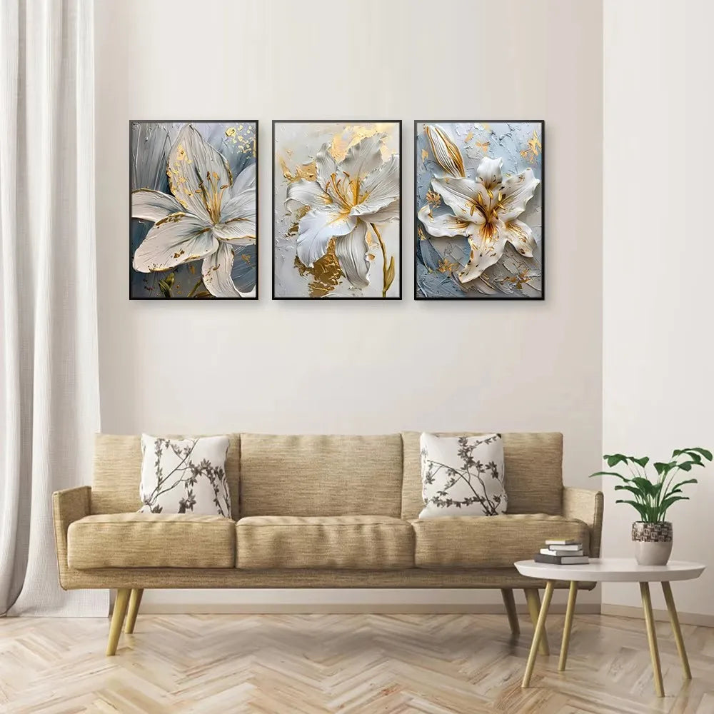Fashion Gold and White Flower Canvas Posters Painting Abstract 3D Lily Flowers Wall Art Print for Bedroom Living Rome Home Decor