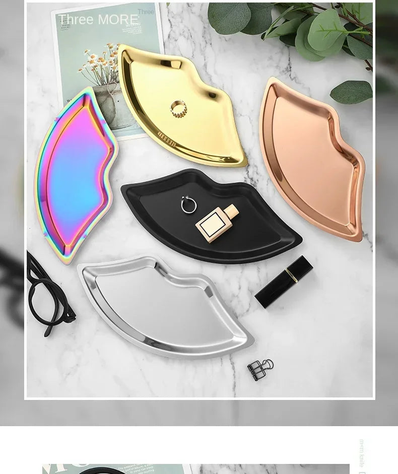Korean Style Ins Style Stainless Steel Lip Shaped Jewelry Tray Home Cosmetics Metal Tray Female Jewelry Storage Tray Decorative